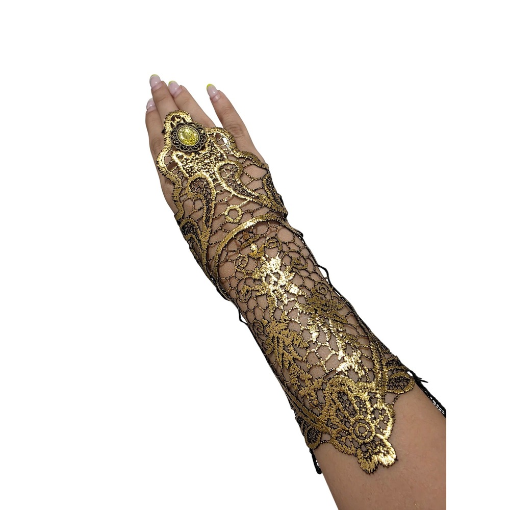 Pair‎ of Gold Lace Arm Cuff Gauntlet Fingerless Glove Victorian Gothic Gemstone